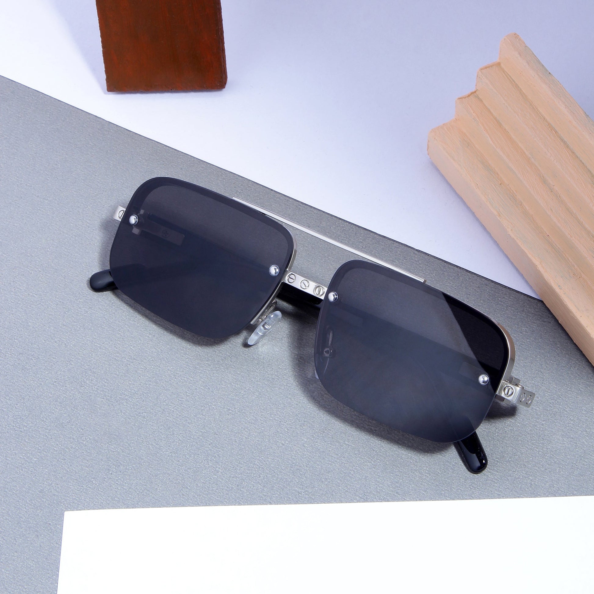 SP2317 Silver Black Rectangle Sunglasses