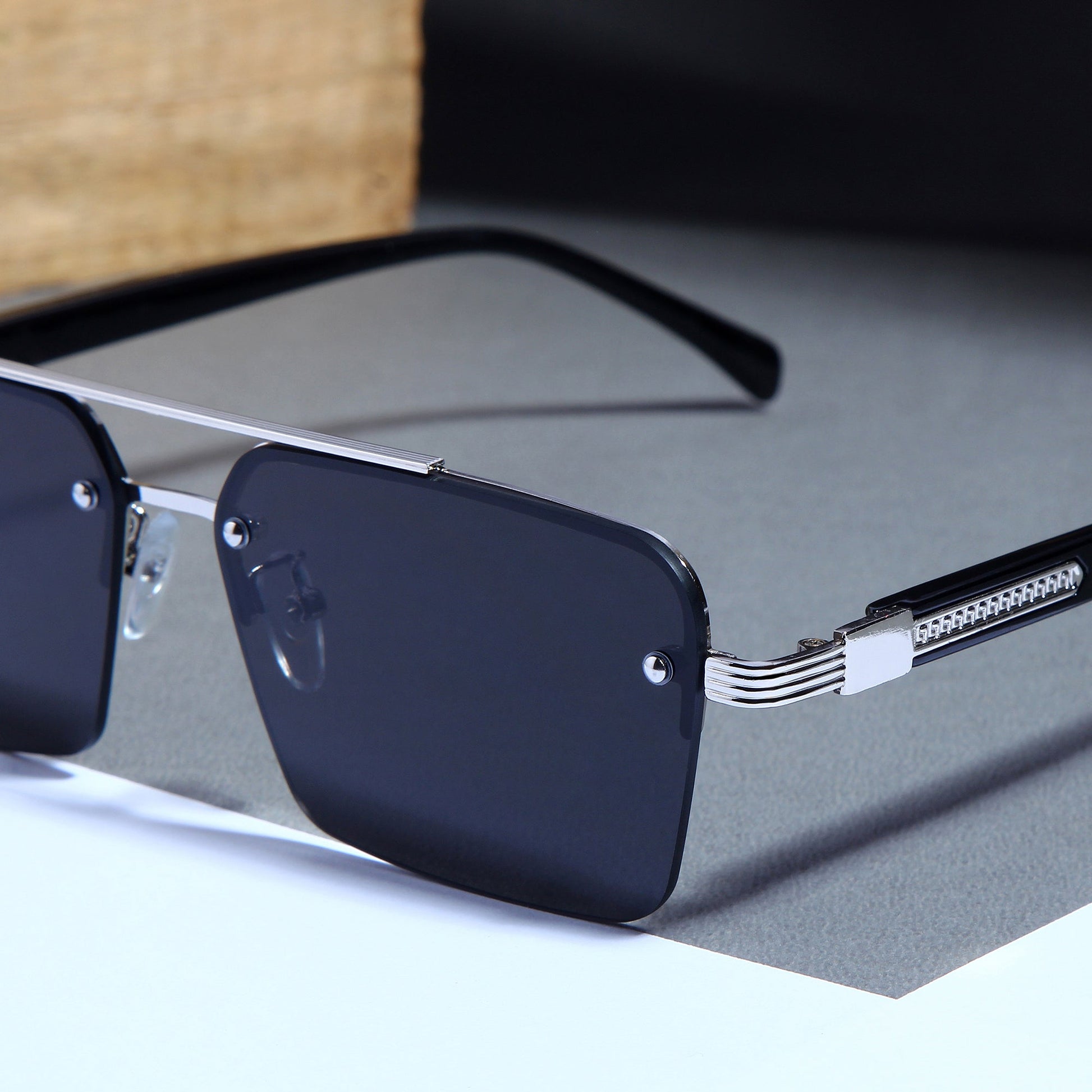 SP2349 Silver Black Rectangle Sunglasses